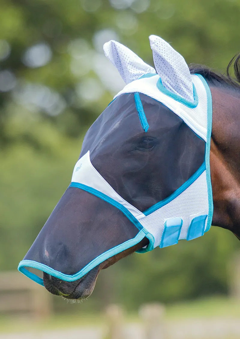 Bridleway Fly Mask With Ears and Nose White/Blue